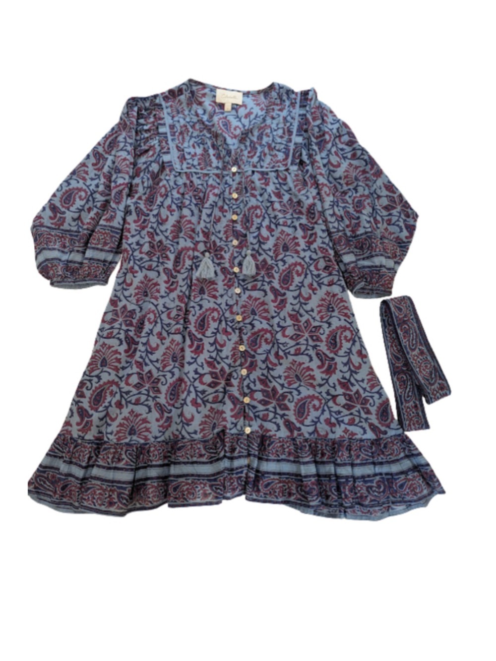 Cleobella Organic Cotton Paisley Boho Mini Dress M Blue Plum Belt Pockets - Picture 5 of 13